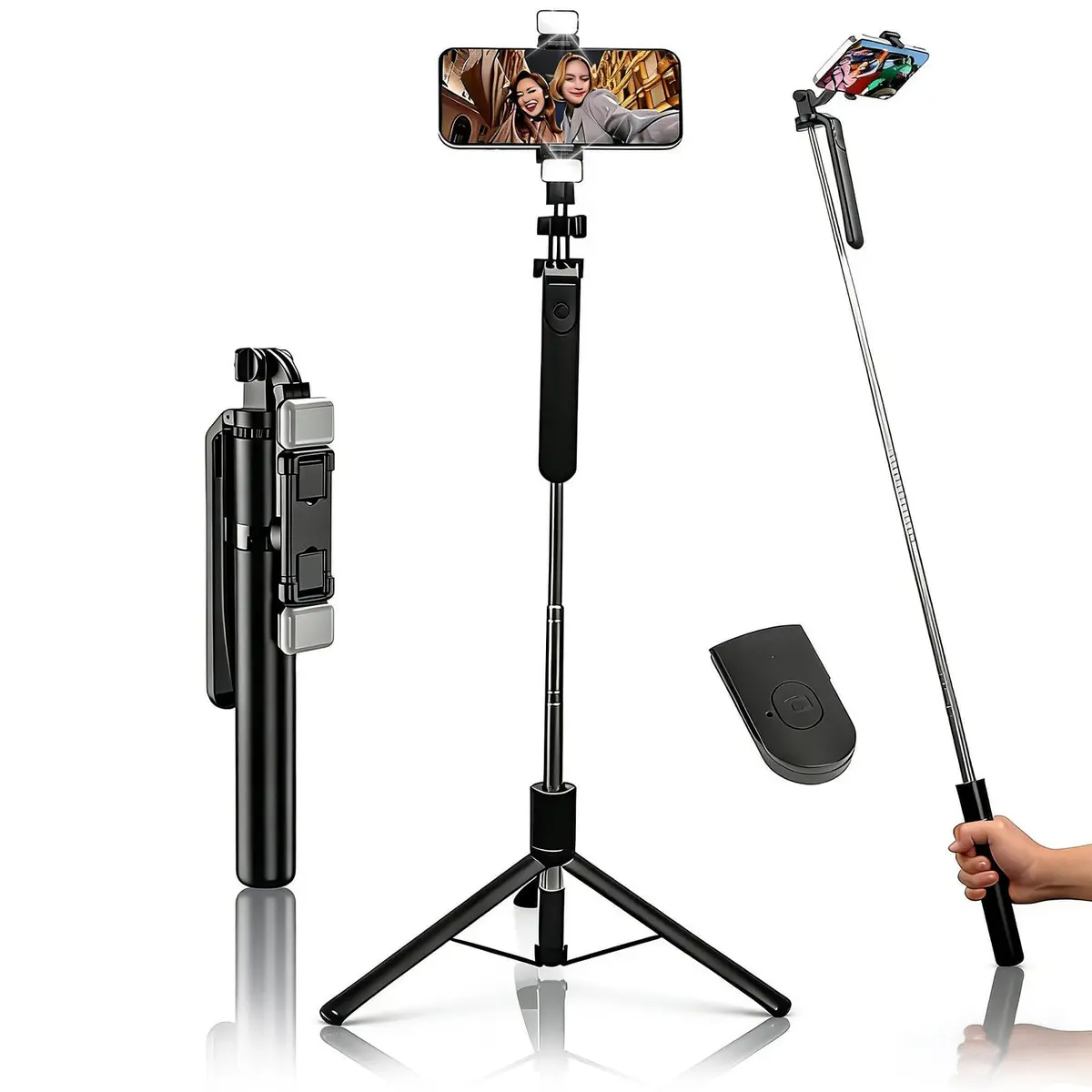 Tripé Para Celular, Bastão de Selfie Portátil com Extensão de Até 170 cm, Controle Remoto, Luzes de Beleza Duplas Recarregáveis e Removíveis, Compatível com iPhone/Android, Rotação de 360°