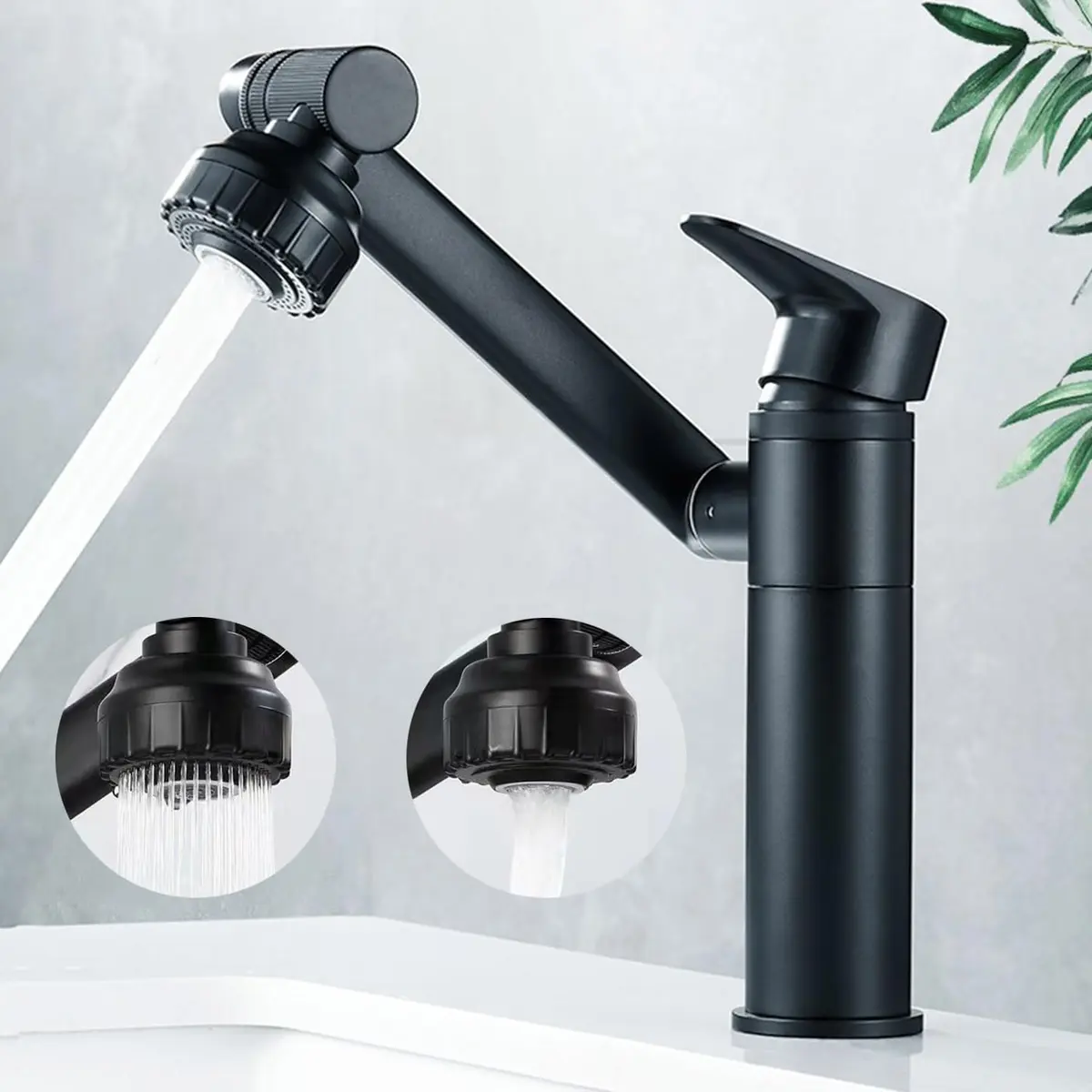 Torneiras Banheiro para Lavatório Giratórias 1080°,Misturadora para Lavatório em Aço Inoxidável, Torneira Moderna para Banheiro Ajustável Quente e Fria,Torneira de Cozinha com 2 Mangueiras (Preto) - 1