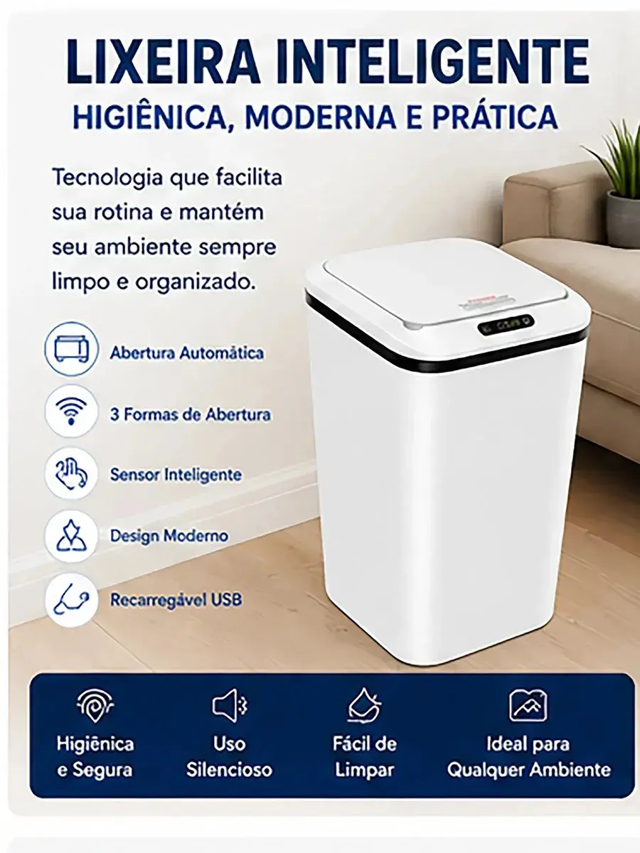 Lixeira Automática Inteligente 14L com Sensor Infravermelho Tampa Automática Sem Toque USB Recarregável Anti Odor thumbnail 2
