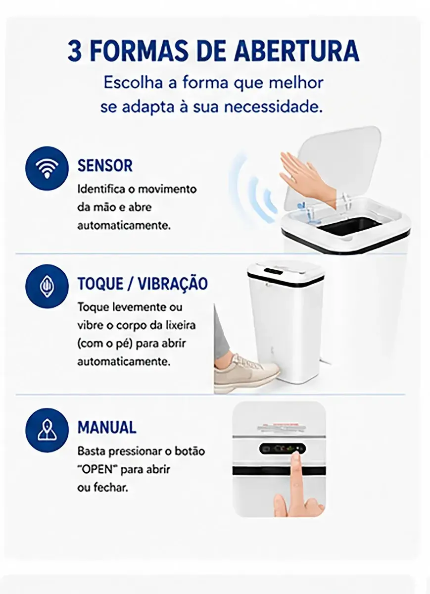 Lixeira Automática Inteligente 14L com Sensor Infravermelho Tampa Automática Sem Toque USB Recarregável Anti Odor thumbnail 3