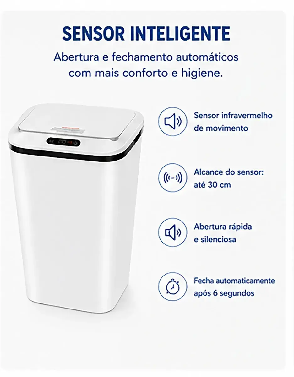 Lixeira Automática Inteligente 14L com Sensor Infravermelho Tampa Automática Sem Toque USB Recarregável Anti Odor thumbnail 4