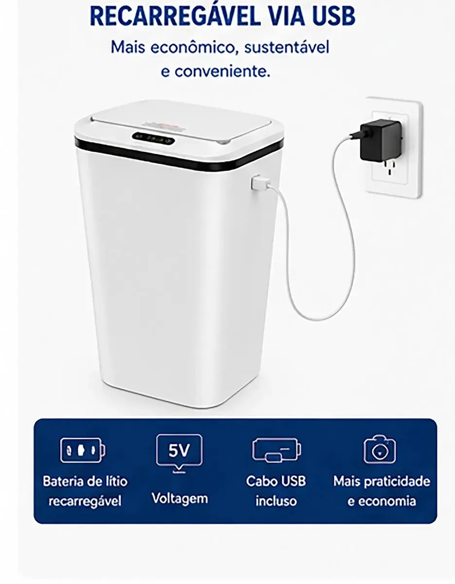 Lixeira Automática Inteligente 14L com Sensor Infravermelho Tampa Automática Sem Toque USB Recarregável Anti Odor thumbnail 6