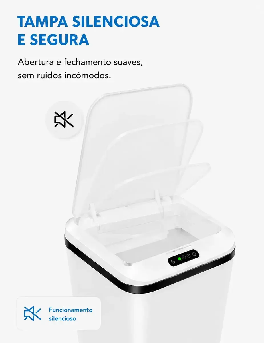 Lixeira Automática Inteligente 14L com Sensor Infravermelho Tampa Automática Sem Toque USB Recarregável Anti Odor thumbnail 7