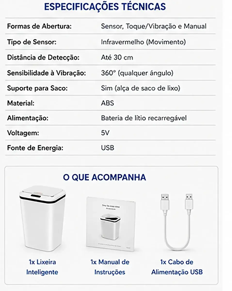 Lixeira Automática Inteligente 14L com Sensor Infravermelho Tampa Automática Sem Toque USB Recarregável Anti Odor thumbnail 9