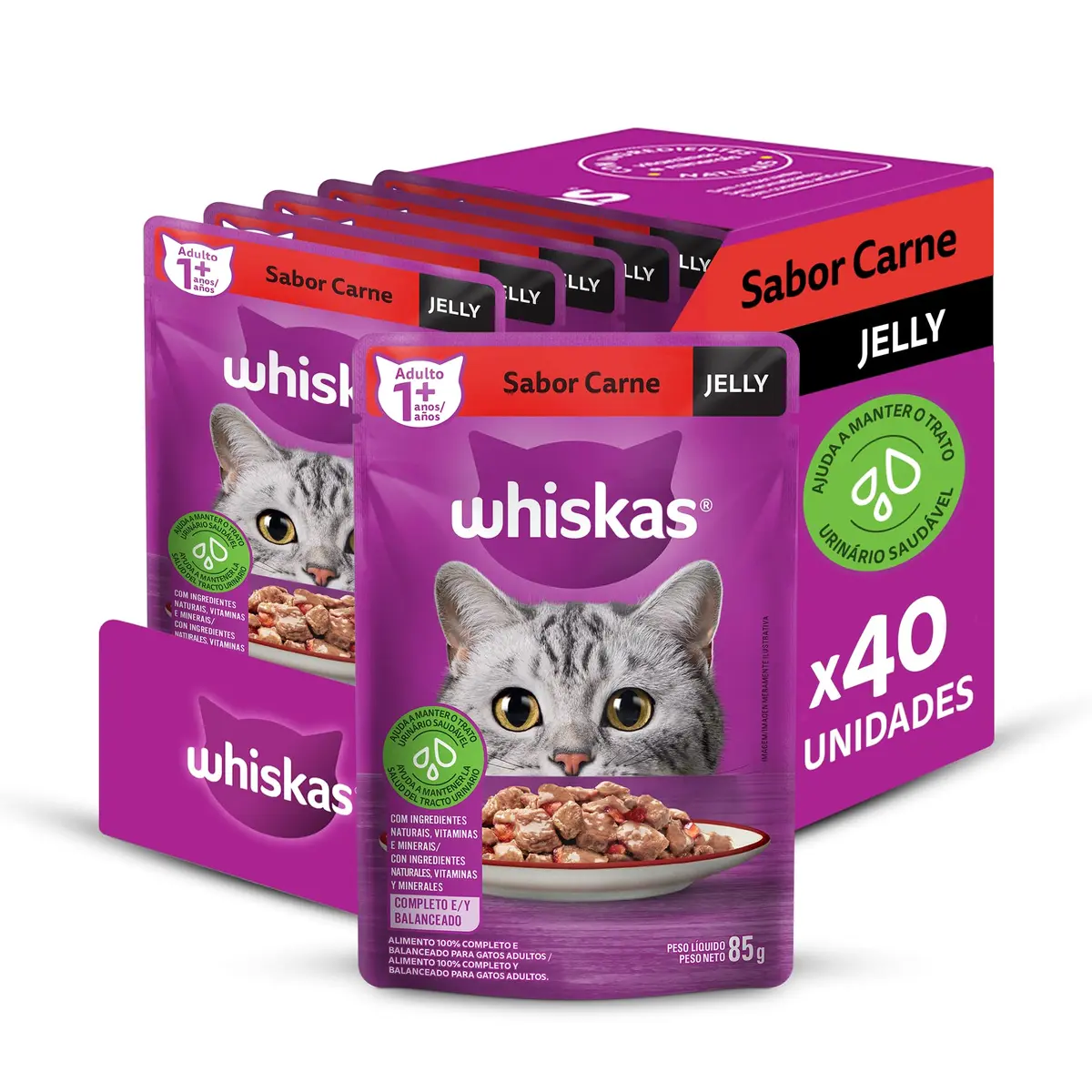 Pack Ração Úmida Whiskas Sachê Carne Jelly para Gatos Adultos 85 g - 40 unidades