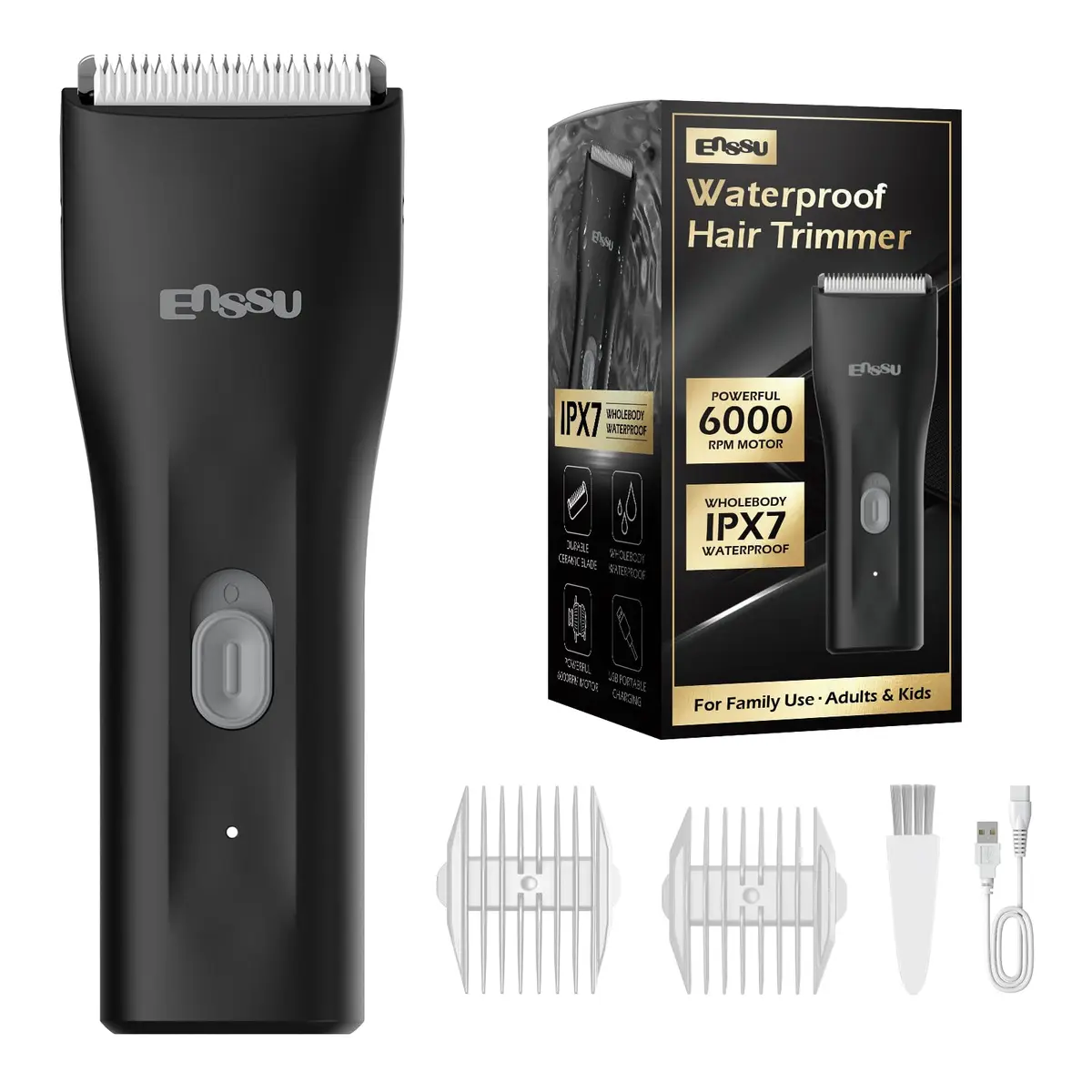 Enssu Máquina De Cortar Cabelo, Aparador De Cabelo IPX7 À Prova D'água | Lâmina Segura BladeLock™, Motor Potente 6000 RPM, Baixo Ruído, Luz Indicadora de Carregamento