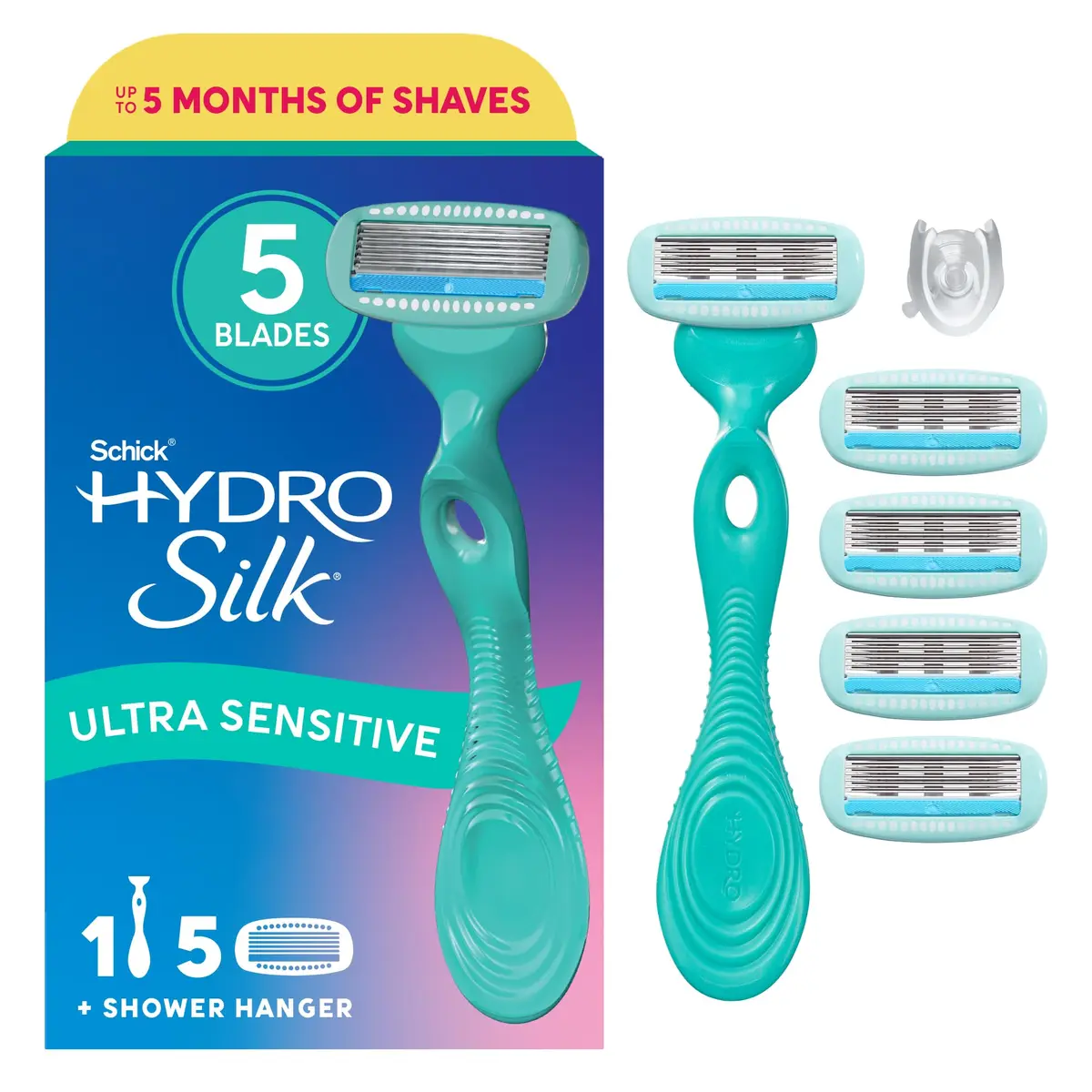Schick Hydro Silk Navalha ultra sensível para mulheres | Navalha feminina para pele sensível, 5 lâminas de barbear para mulheres, lâminas femininas para barbear, inclui 1 alça e 5 refis
