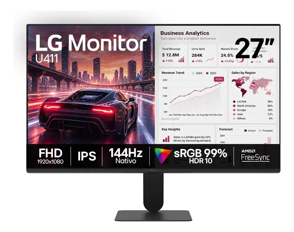 Monitor LG FHD Gamer & Office tela IPS 27”, 1ms (MBR), 144Hz Nativo, FreeSync, HDR10, sRGB, Modo leitura, Flicker Safe, HDMI, Black Stabilizer, Dynamic Action Sync, Preto - 27U411B