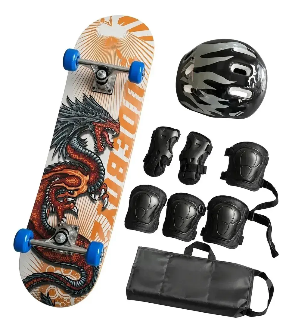 Skate Infantil Completo C/ Kit Proteção e Capacete - Dragão