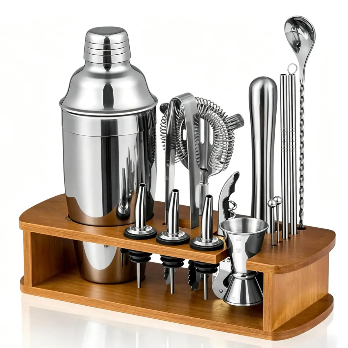 Conjunto de Coquetel - Conjunto de Barman de Aço Inoxidável com 16 Peças, Conjunto para Coquetel Martini, Shaker em Aço Inoxidável, Base Organizadora de Madeira