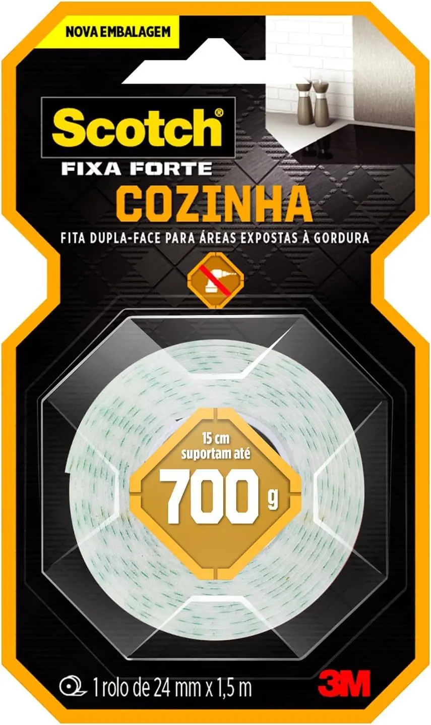 SCOTCH 3M Fita Dupla-face Fixa Forte Cozinha 24 mm x 1,5 m 1 Unidade | Aplicação prática e rápida, Suporta até 700 g por 15 cm, Fixação firme, Ideal para ambientes expostos à gordura, Sem furos