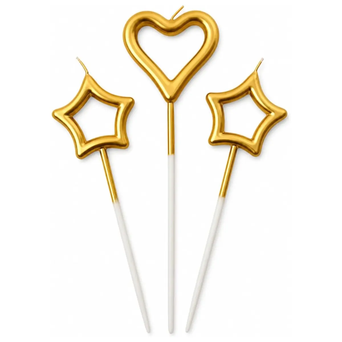 Vela Decorativa para Bolo de Aniversário Coração e Estrela Dourado 10cm – Kit 3 Peças Metalizada – Decoração Festa