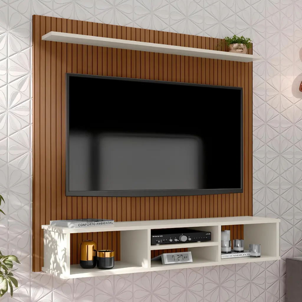 Painel Ripado para TV até 50 Polegadas com Nicho e Prateleira Suspensa para Quarto Sala Home - 1