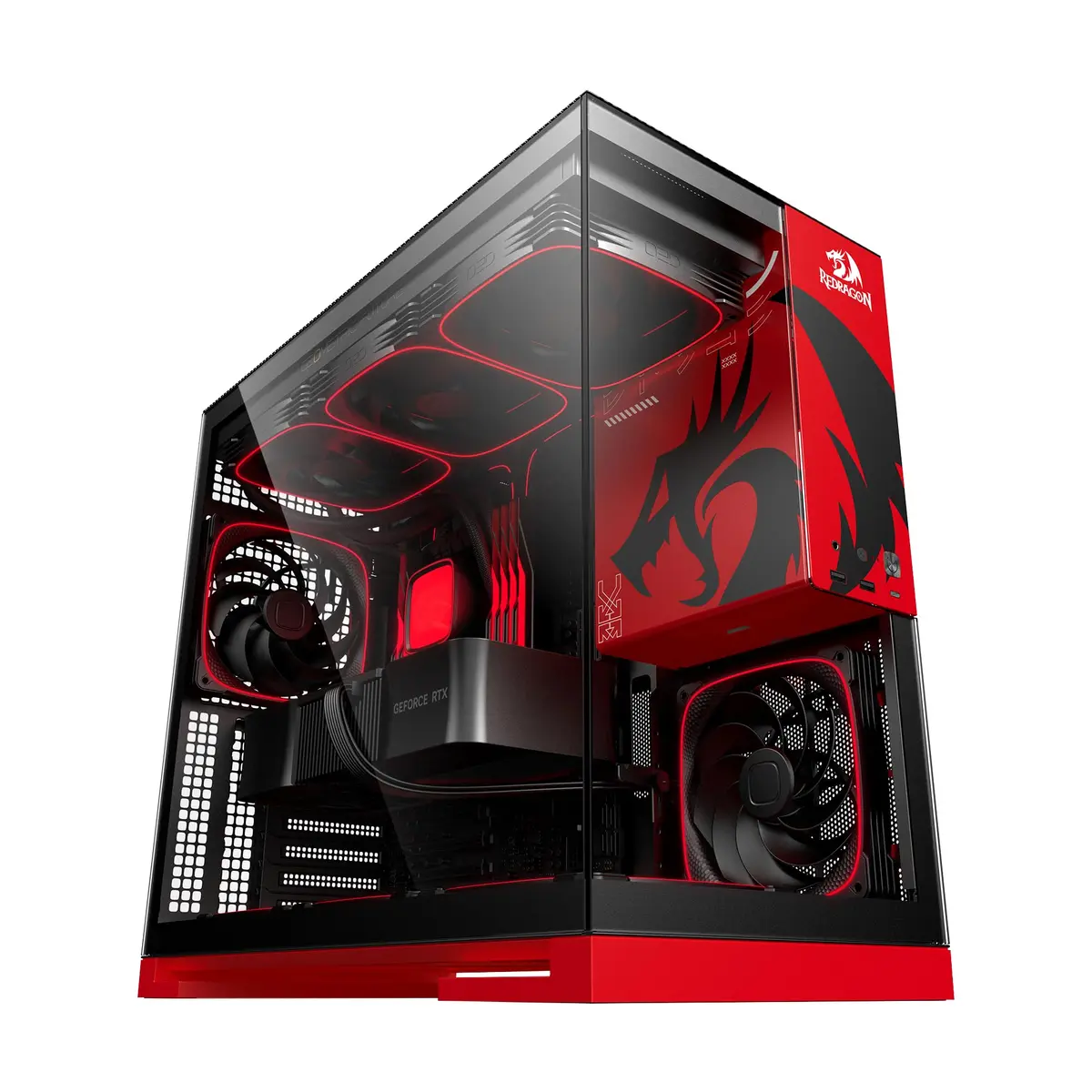 Gabinete Gamer Geometric Future Model 5 Redragon Spec Preto e Vermelho ATX com 5 Fans Plataforma para Action Figures Painéis Vidro Temperado Duplo GEO-M5F-RD