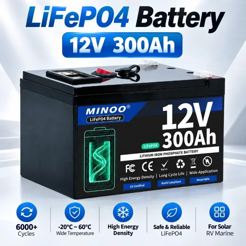Bateria LiFePO4 12V 300AH 12V 200AH com carregador gratuito, bateria de lítio 12V com BMS 300A integrado, mais de 6000 ciclos, para energia solar, RV e marítima