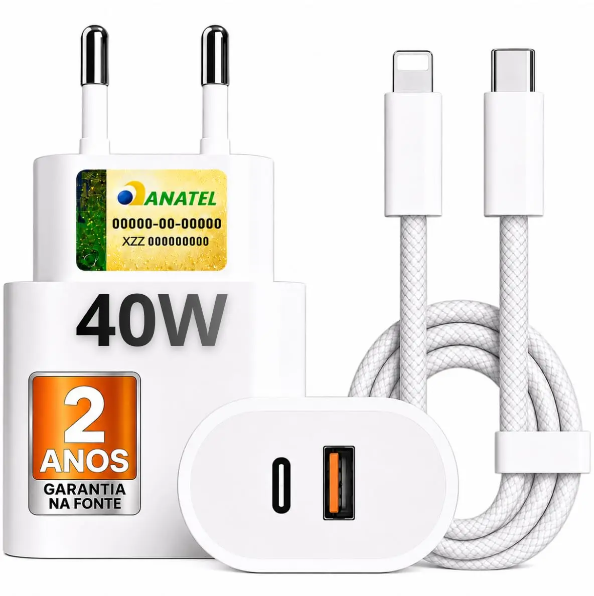 Carregador Turbo 40W USB-C + USB-A Compatível com IPhone 8 X Xr 11 12 13 14, Bivolt 110/220V - CABO DE NYLON - Carregamento POWER DUO - 1