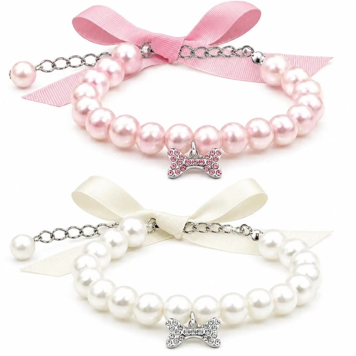 Kit 2 Colares de Pérolas para Cães e Gatos com Laço e Strass Rosa