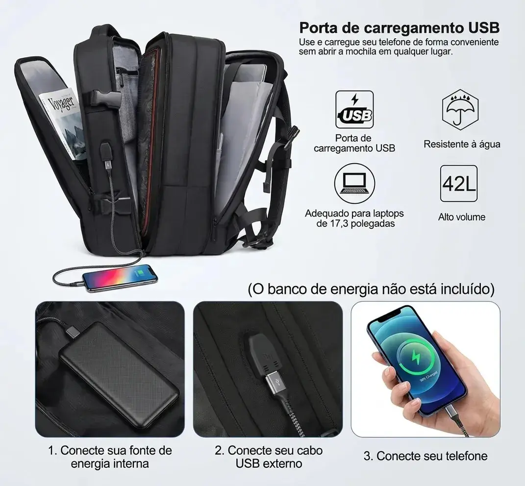 Mochila Passeio Romantic Crown de 42L Com Compartimento Para Notebook e Entrada USB, Impermeável thumbnail 6