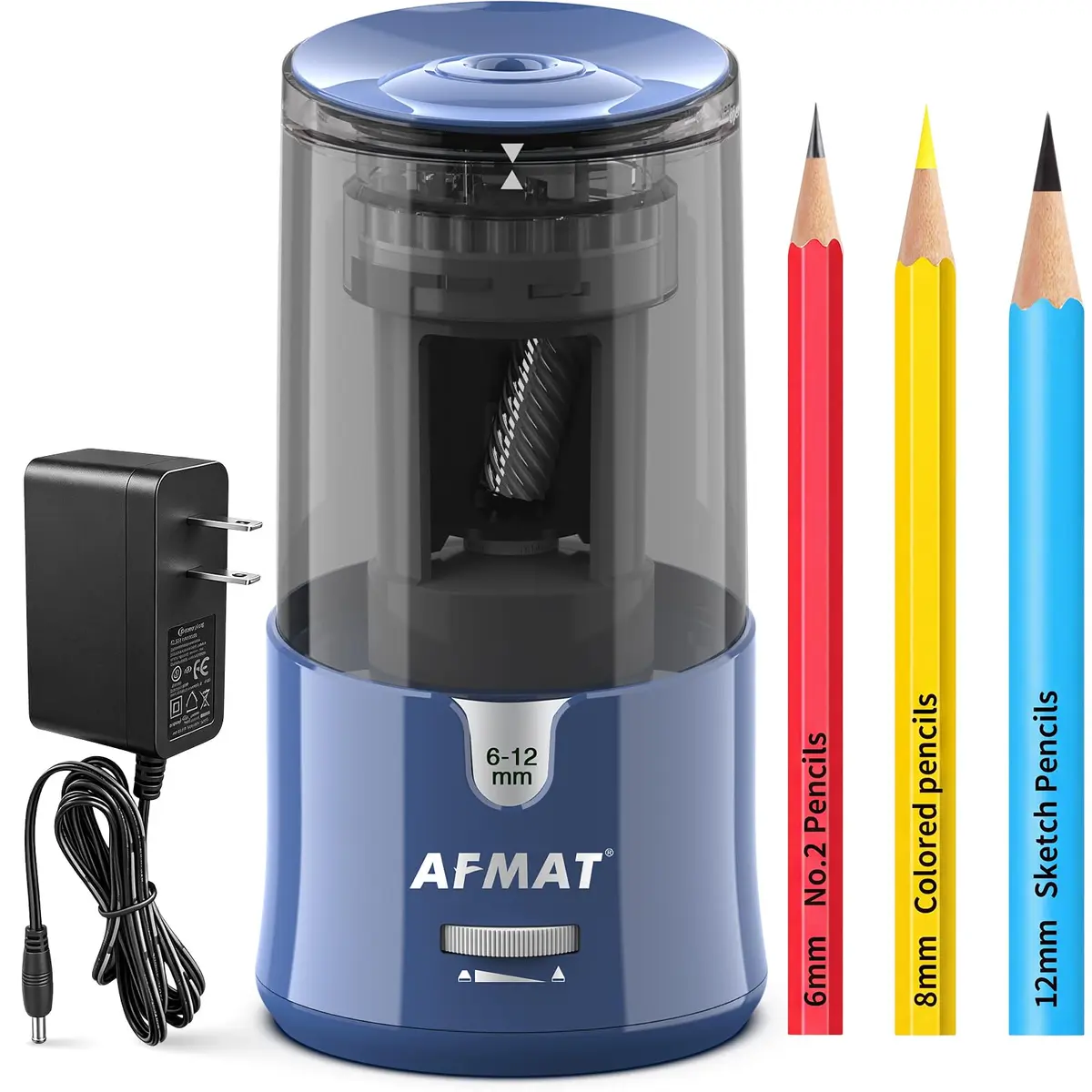 AFMAT Apontador de lápis elétrico, para lápis de cor, parada automática, super afiado e rápido, em 3s, apontador elétrico de orifício grande para 6 a 12 mm, nº 2, lápis de cor jumbo, escritório, casa