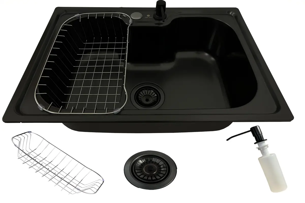 Cuba Pia Cozinha Gourmet Com Acessório Preta 60x42cm Aço Inox | com acessorios; porta detergente; cesto; preta; aço inox