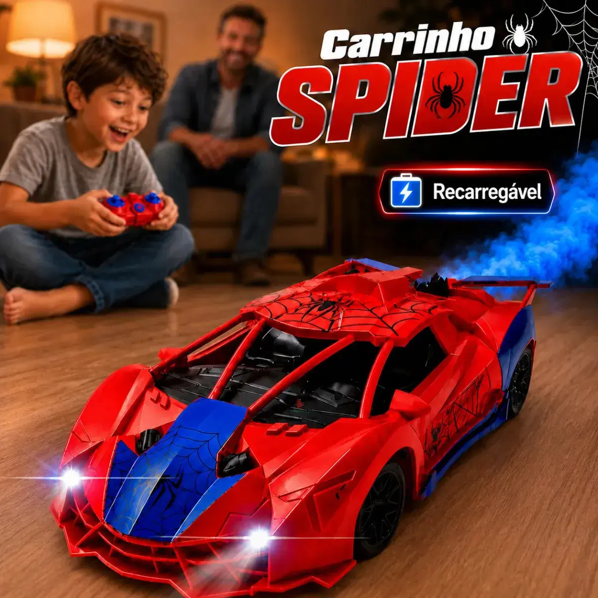 Carrinho de Controle Remoto Homem Aranha c/ Fumaça e Luzes Brinquedo Divertido Presente Dia Crianças Flow Dimension