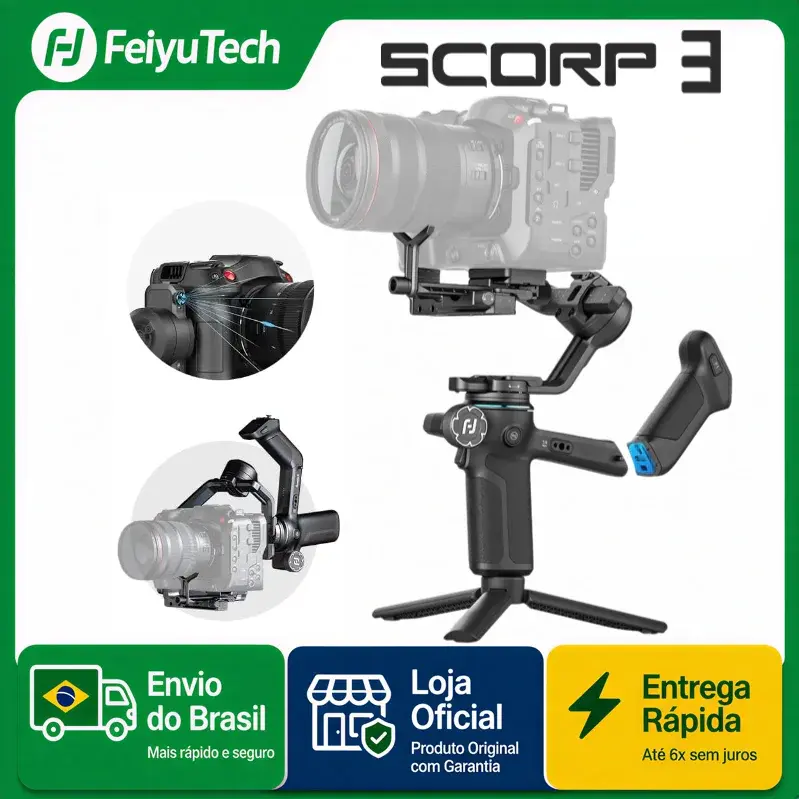 FeiyuTech SCORP 3 Estabilizador de Câmera – Gimbal Portátil de 3 Eixos para DSLR e Mirrorless (Sony/Canon/Nikon/Fujifilm), Suporte até 3,5 kg, Rastreamento por IA, Alça Removível, Tela Sensível ao Toque