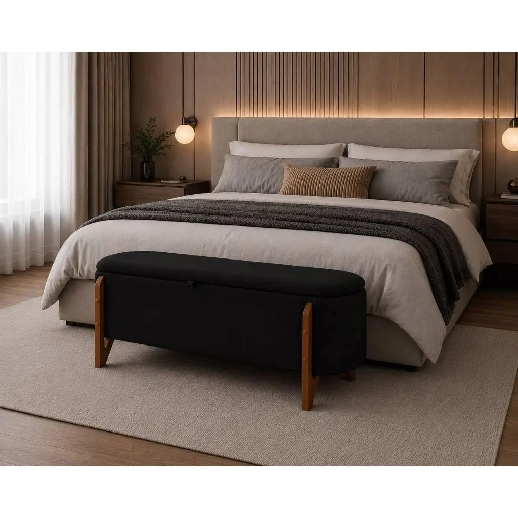Baú Oval Organizador Estofado com Assento para Quarto Sala e Closet(Preto) | Recamier oval com espaço interno para organizar objetos e assento confortável