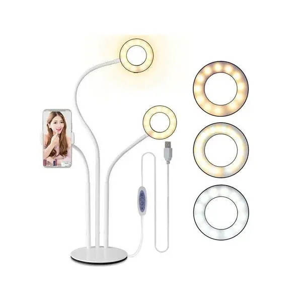 Luminária De Mesa Com 2 Ring Lights E Suporte Para Smartphone