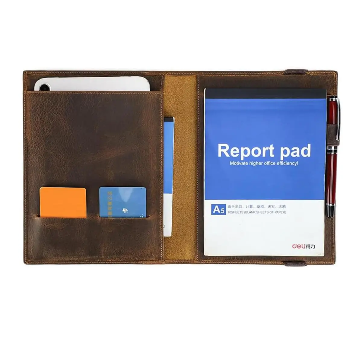 CONTACTS Pasta Executiva de Couro A5 para Trabalho, Estudos e Reuniões | Couro legítimo Crazy Horse, Para tablet até 8,3", Porta-cartões e caneta, Porta-Documentos com Organizador , Feita à mão