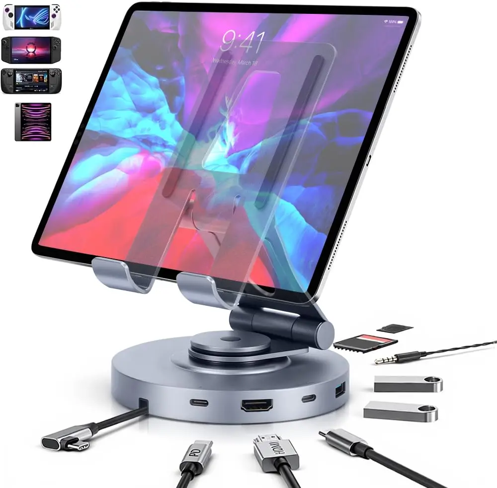 Docking Station, Dock Station, Suporte para Tablet Tipo C Dobrável e Giratório 8 em 1 com HDMI 4k, Porta de Dados USB C 3.0, 2*USB A 3.0, Conector de Áudio de 3,5 mm