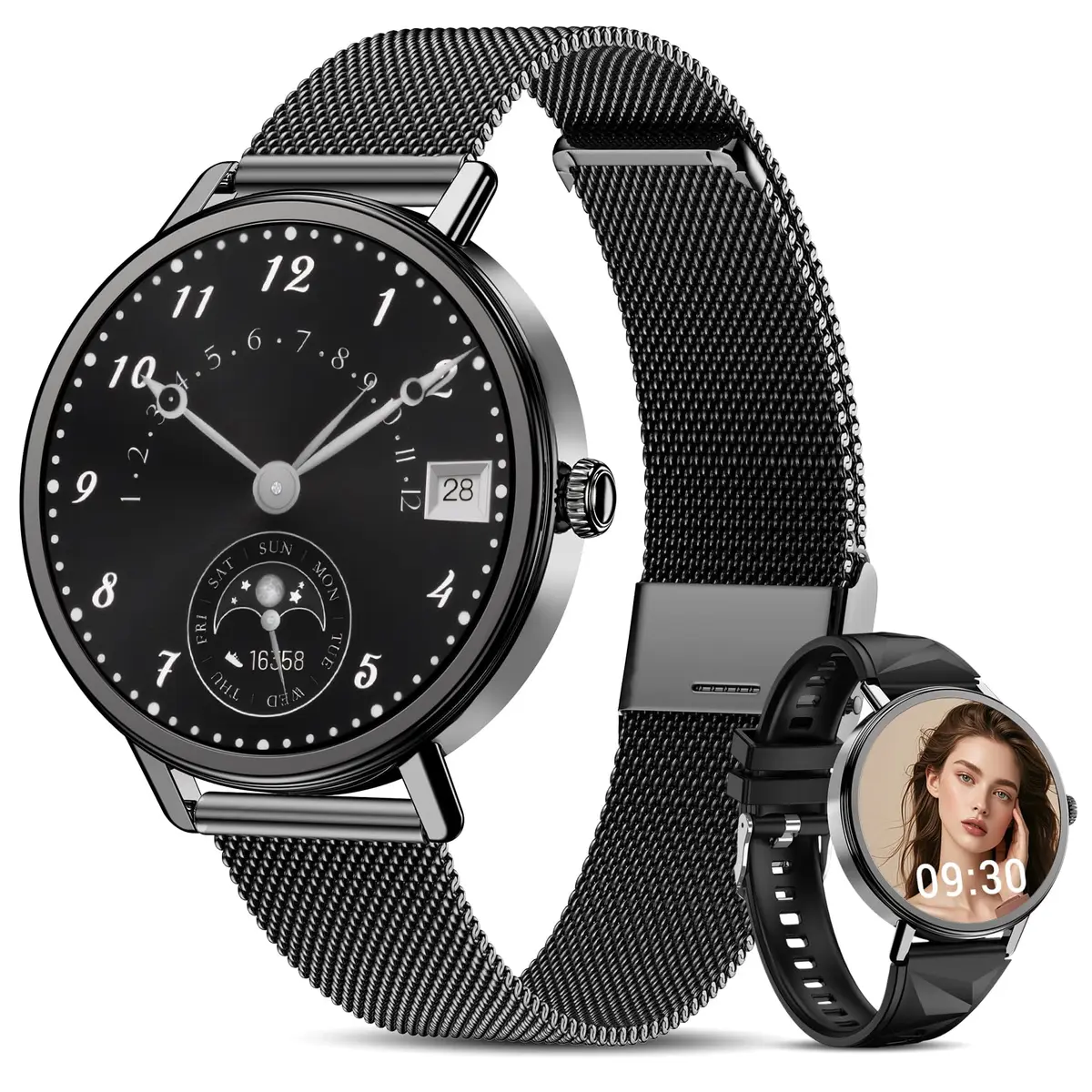 Smartwatch Feminino Redondo 1.26" com Chamadas Bluetooth - Assistente de Voz com IA, 100+ Modos Esportivos, 2 Pulseiras, Tela HD - Compatível iOS/Android - 1