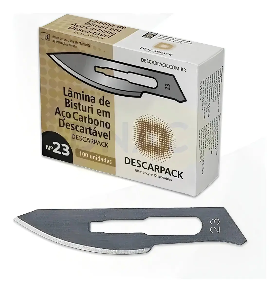 100 Lâminas de Bisturi em aço Carbono, número 23, Descarpack