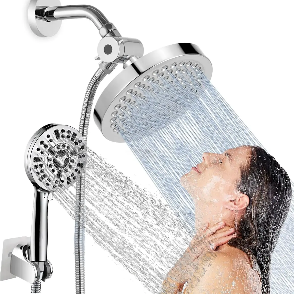 Kit de Chuveiro de Aço Inox 6 Polegadas + Ducha Handheld 8 Modos de Pulverização | Cabeças de Chuveiro Combo de Spray Portátil, Suporte Ajustável em Altura/Ângulo, 1.5m Mangueira Longa - 1