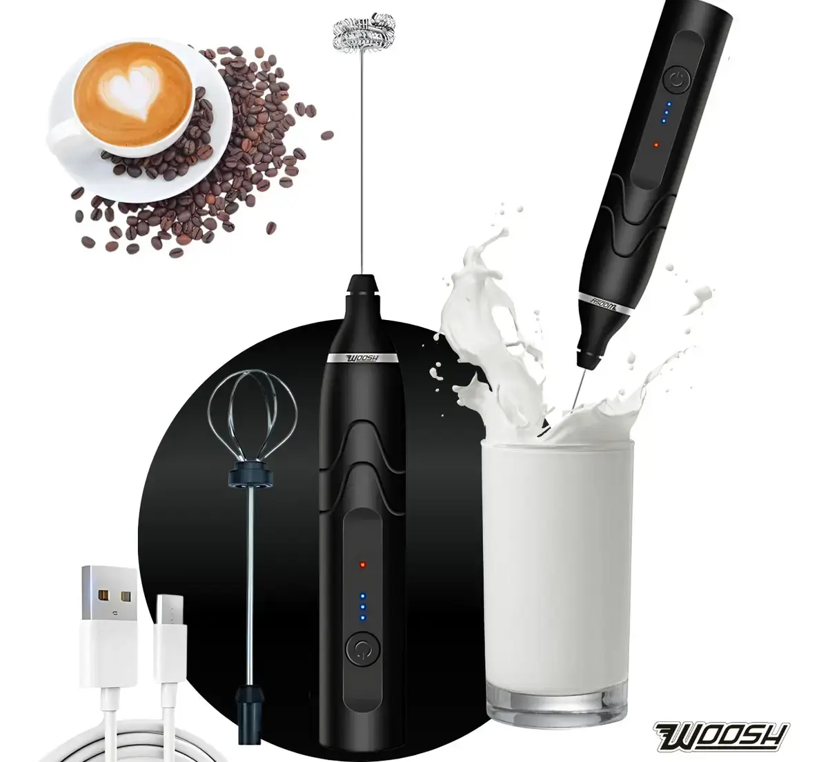 Mixer Elétrico Portátil 2 em 1 Recarregável Potente Misturador de Bebidas e Ovos 3 Velocidades Usb Batedor e Fue Fouet - 1