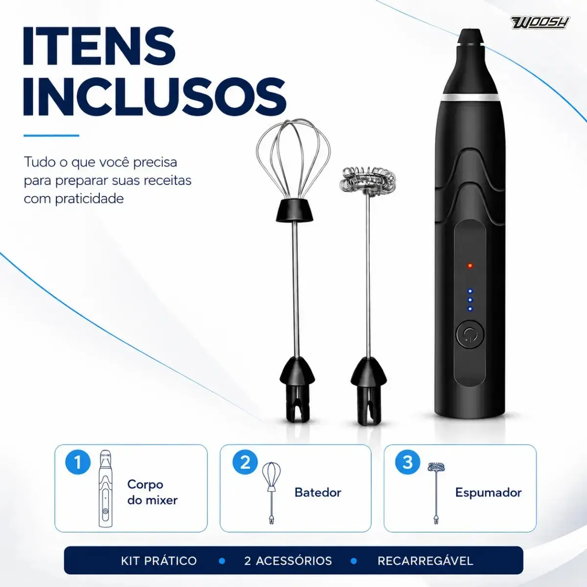 Mixer Elétrico Portátil 2 em 1 Recarregável Potente Misturador de Bebidas e Ovos 3 Velocidades Usb Batedor e Fue Fouet thumbnail 2