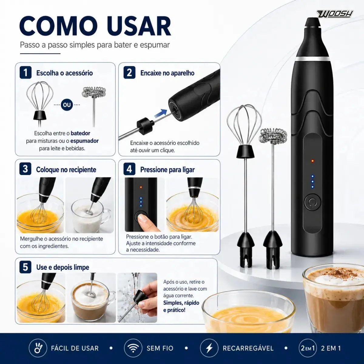 Mixer Elétrico Portátil 2 em 1 Recarregável Potente Misturador de Bebidas e Ovos 3 Velocidades Usb Batedor e Fue Fouet thumbnail 4
