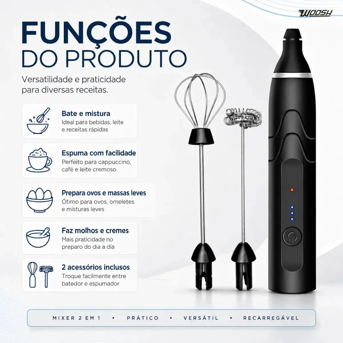 Mixer Elétrico Portátil 2 em 1 Recarregável Potente Misturador de Bebidas e Ovos 3 Velocidades Usb Batedor e Fue Fouet thumbnail 7