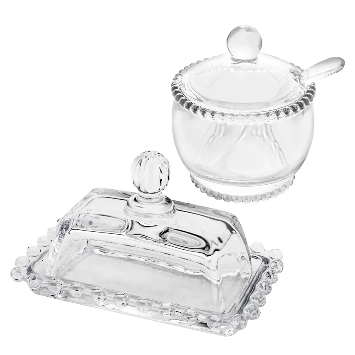WOLFF - Conjunto Manteigueira e Açucareiro com Colher Pearl Cristal 14cm e 200ml