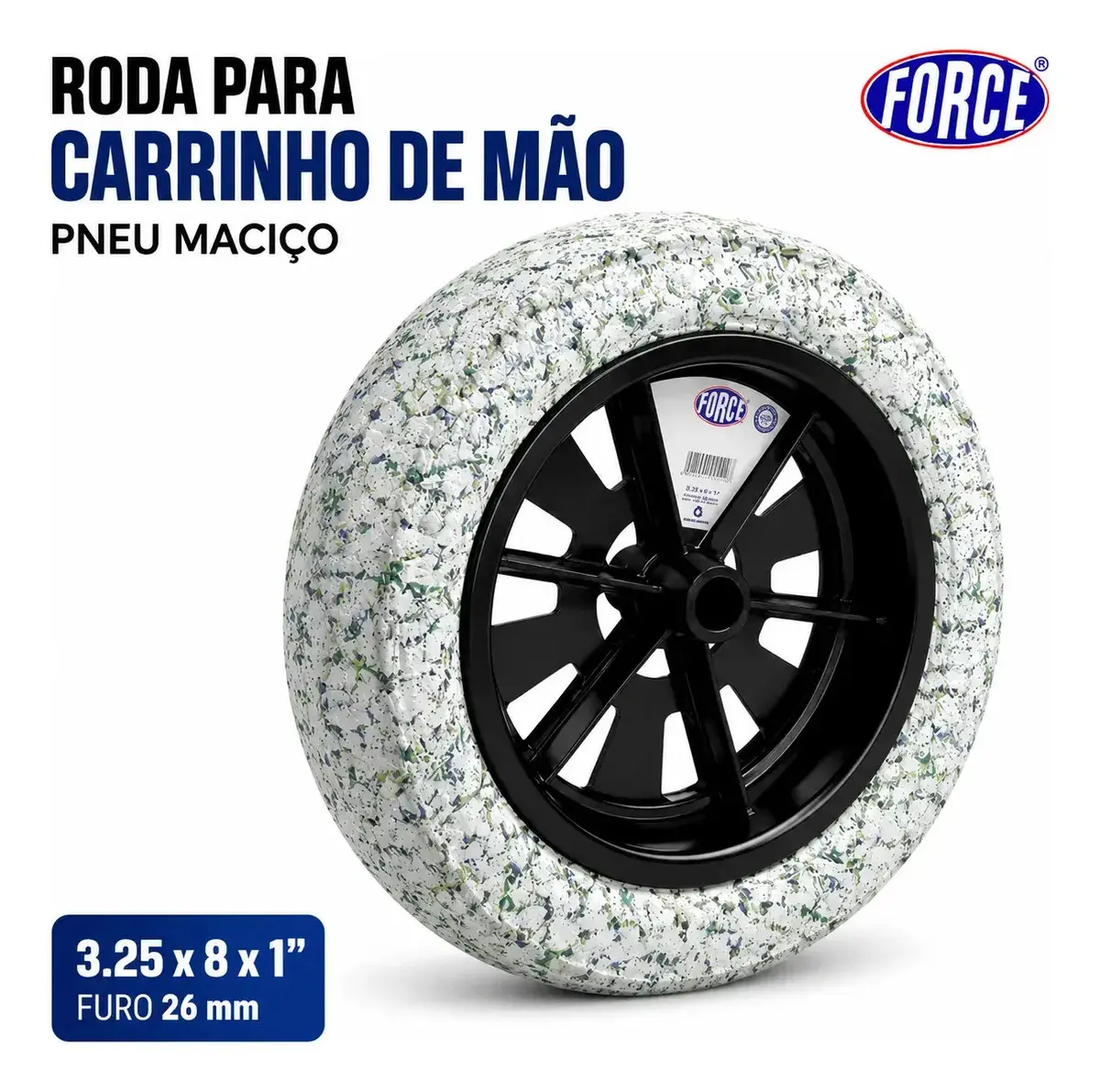 Roda Carrinho de Mão Force Pneu Maciço 3.25x8 Eixo 26mm