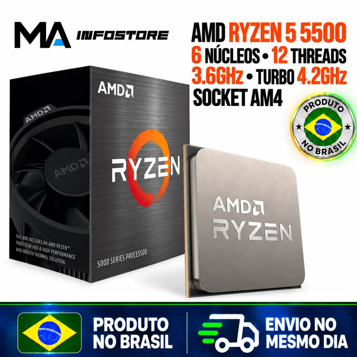 Processador AMD Ryzen 5 5500 3.6GHz (4.2GHz Turbo), 6-Cores 12-Threads, Cooler Wraith Stealth, AM4, Sem Vídeo Integrado, 100-100