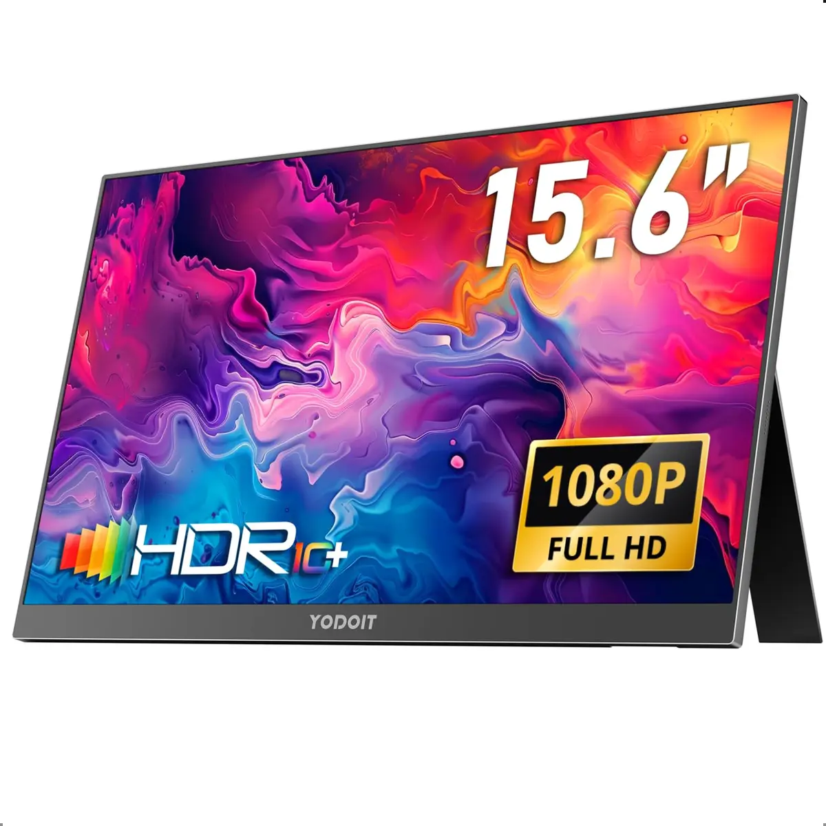 Yodoit Monitor portátil, ecrã IPS de 15,6" 1920×1080P FHD com suporte, conectividade USB-C e HDMI, altifalantes integrados, para computador portátil/PC/Mac/PS3/4/5/Xbox