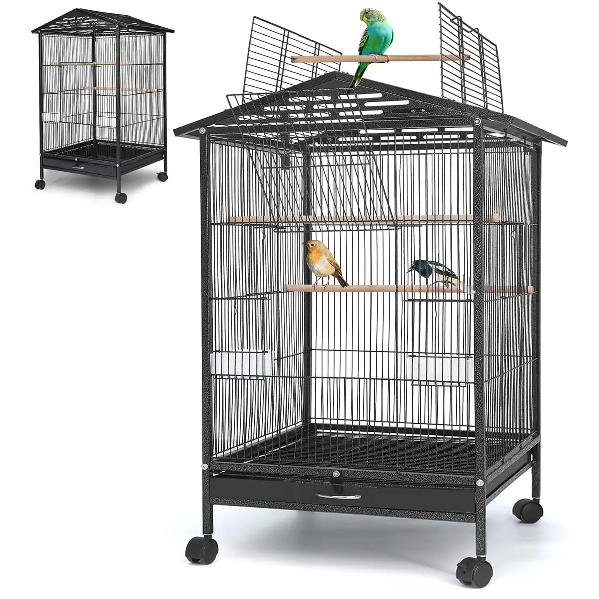 86 * 46.5 * 45.5 cm Gaiola de Pássaro Grande com Teto Duplo, Gaiola Porta-Pássaros Doméstica Portátil, Gaiola de Pássaro Grande com Caixa de Comida e Poste, Gaiola para Periquito