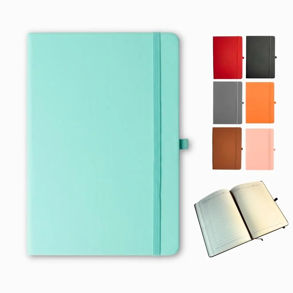 Caderno A5 Com Pauta 80 Folhas 80g Caderneta 14x21 com Suporte Para Caneta Capa Dura Emborrachada Cor Verde-água - 1 Unidade