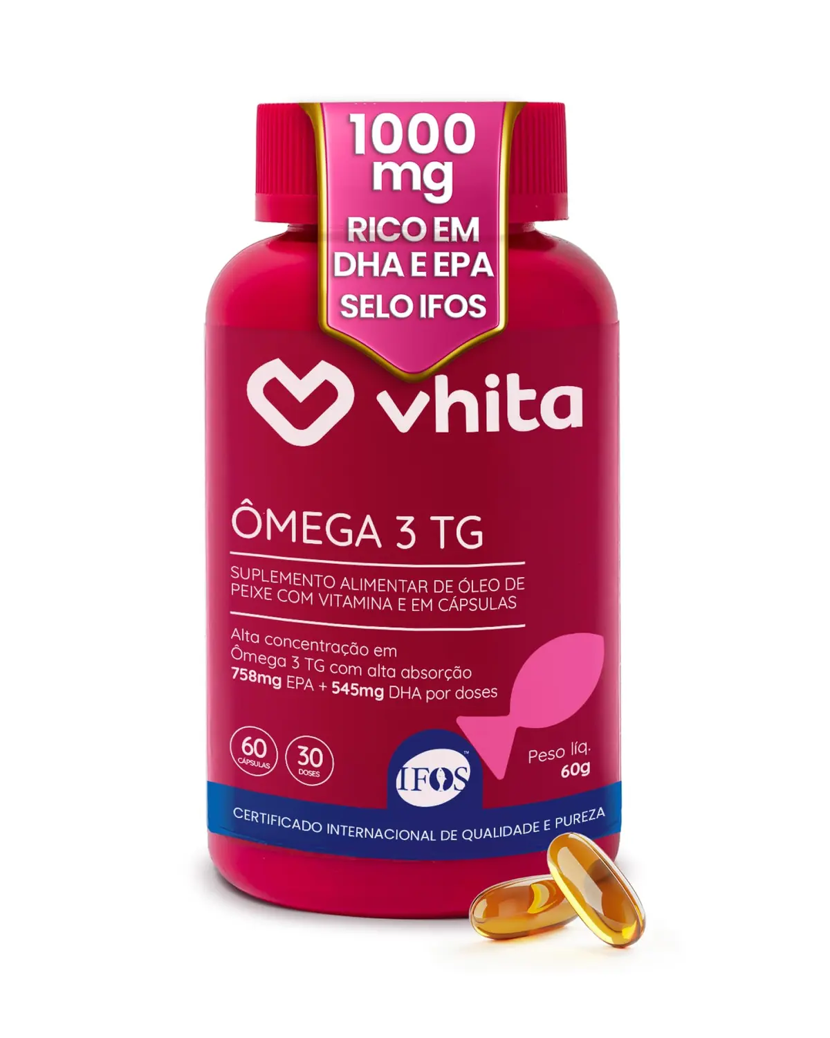 Ômega 3 1000mg TG EPA DHA com Selo IFOS e Vitamina E 60 cápsulas Vhita | 60 Cápsulas, 30 Porções, Óleo de Peixe - 1