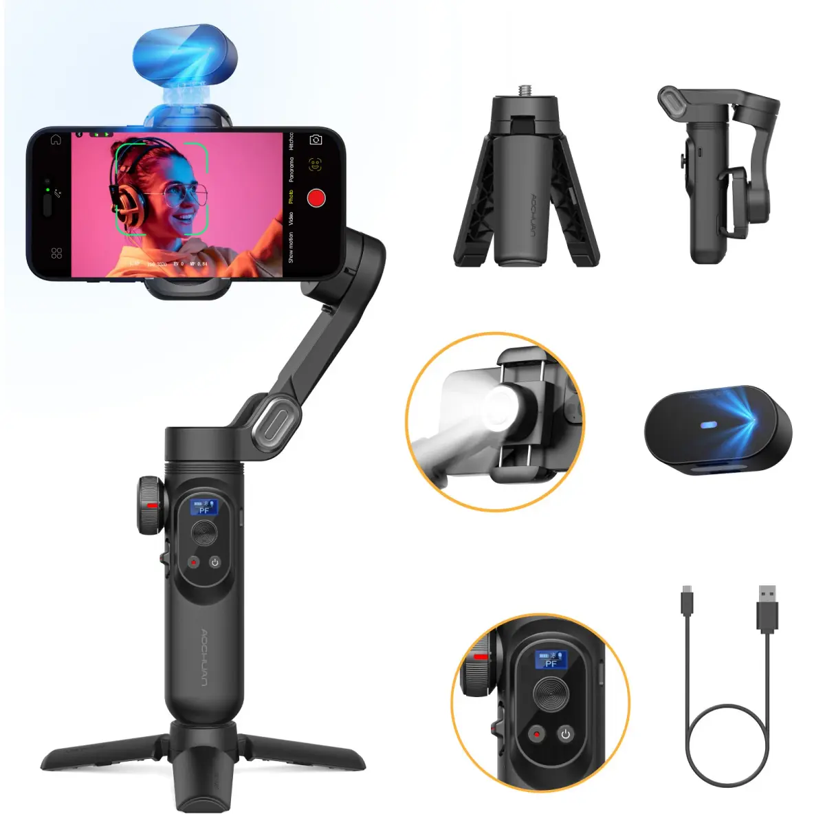 Estabilizador de Vídeo Inteligente AOCHUAN XPro Ai com Gimbal de 3 Eixos para iPhone e Android com Rastreamento Facial - 1