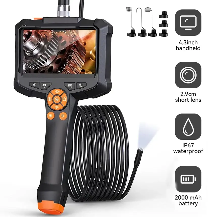 Câmera endoscópica industrial, 4.3 ", lente dupla única, hd 1080p, boroscópio de inspeção de carro, ip67, à prova d'água, câmera de esgoto com led