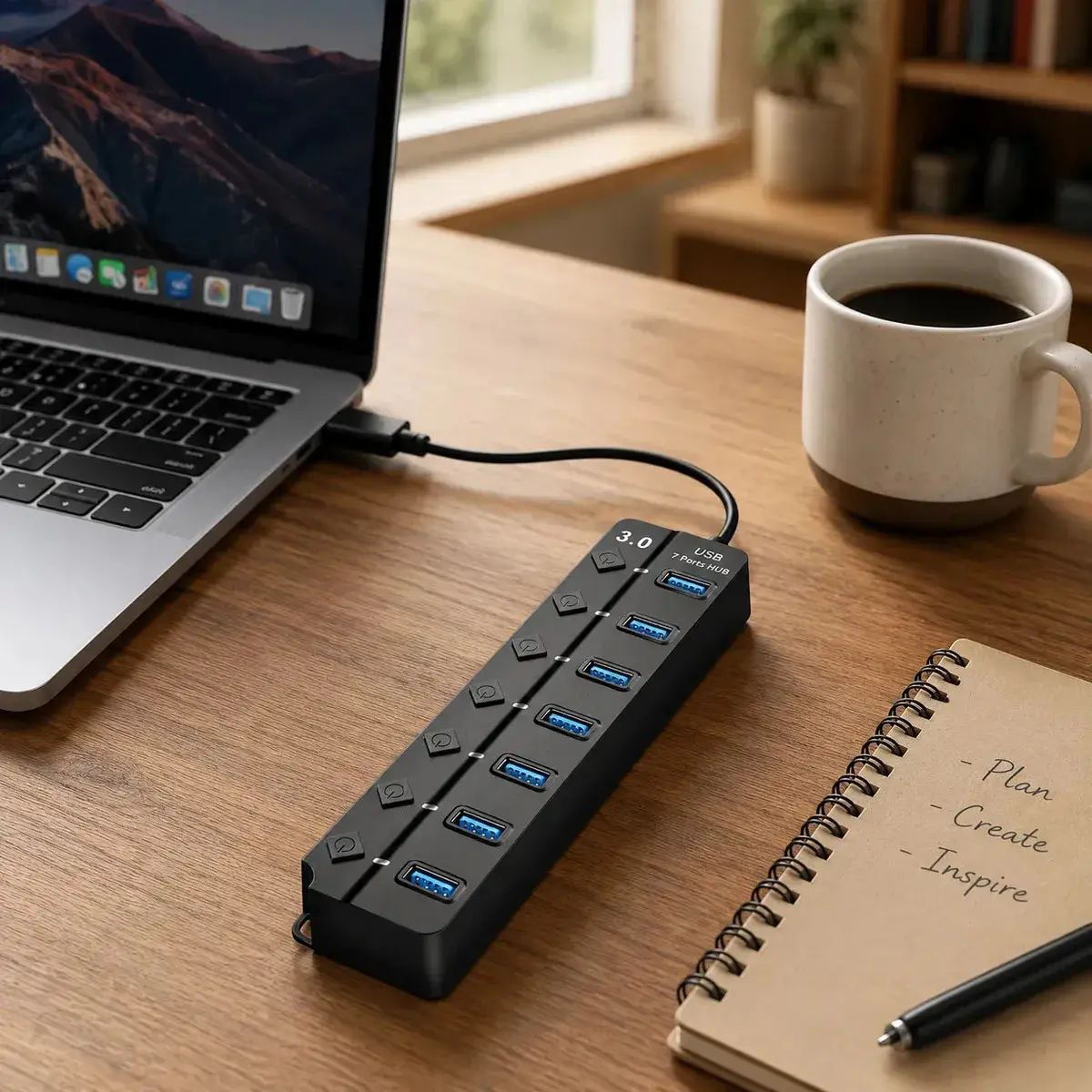 Hub Usb 3.0 7 Portas Entradas Alta Velocidade 5gbps Com Led E Botões Individuais Plug And Play Compatível Com Notebook Pc Tv Console Impressora Mouse E Teclado Pen Drive Cooler Premium Eletric Teck thumbnail 2
