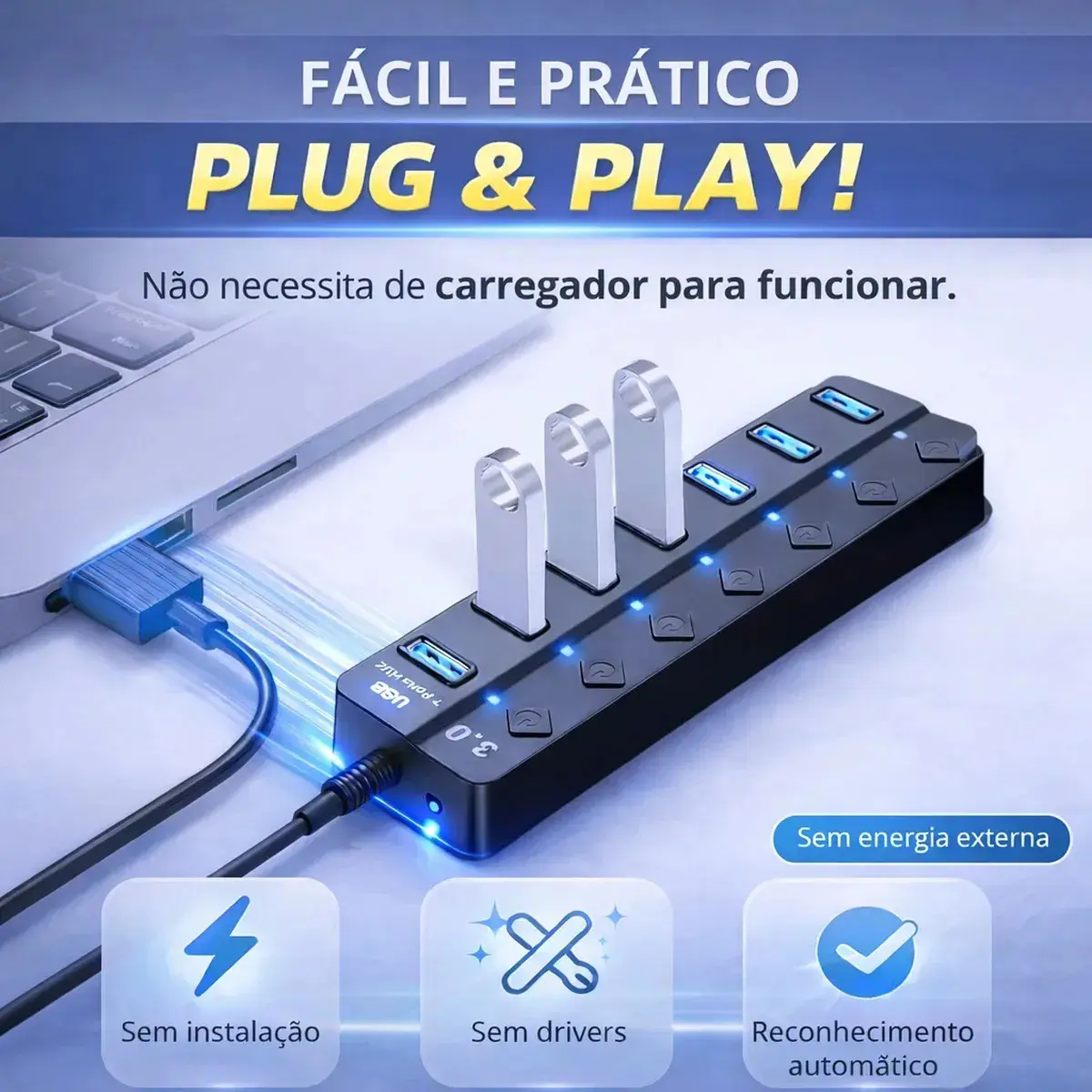 Hub Usb 3.0 7 Portas Entradas Alta Velocidade 5gbps Com Led E Botões Individuais Plug And Play Compatível Com Notebook Pc Tv Console Impressora Mouse E Teclado Pen Drive Cooler Premium Eletric Teck thumbnail 3