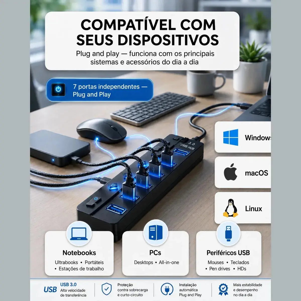 Hub Usb 3.0 7 Portas Entradas Alta Velocidade 5gbps Com Led E Botões Individuais Plug And Play Compatível Com Notebook Pc Tv Console Impressora Mouse E Teclado Pen Drive Cooler Premium Eletric Teck thumbnail 4