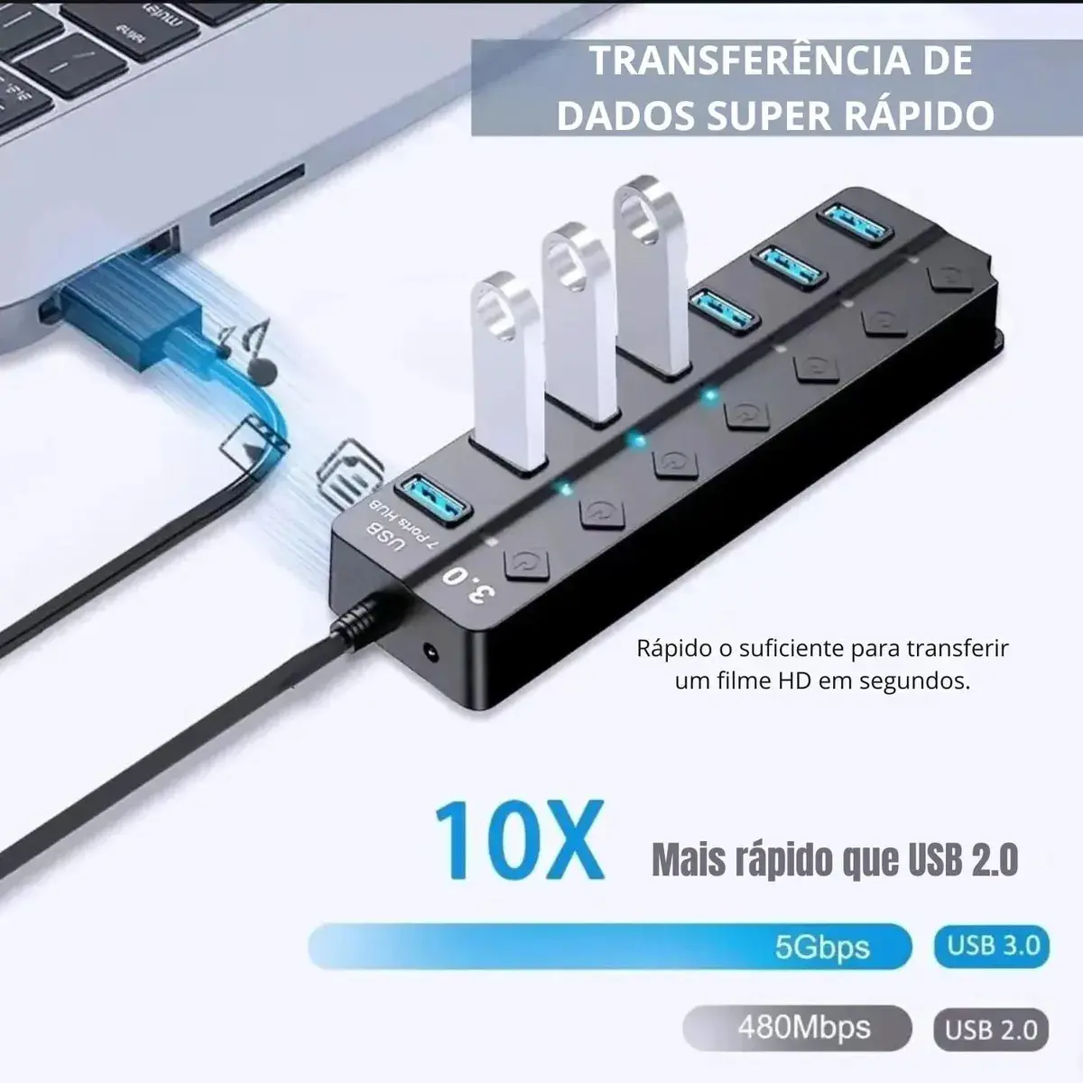 Hub Usb 3.0 7 Portas Entradas Alta Velocidade 5gbps Com Led E Botões Individuais Plug And Play Compatível Com Notebook Pc Tv Console Impressora Mouse E Teclado Pen Drive Cooler Premium Eletric Teck thumbnail 5